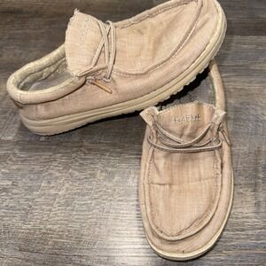 HEYDUDE Wally Youth Size 5 EU 37 Tan Beige Canvas Slip On Loafers Shoes